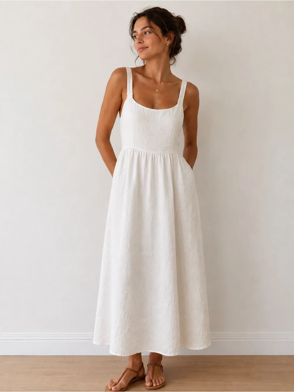 DISSH White Maxi Dress 100% Linen Empire Waist Babydoll Sundress US 6 - Picture 1 of 9